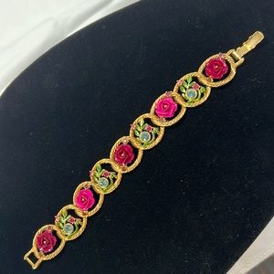 VTG Rare Signed Joan Rivers Victorian Rose Flower Bracelet with Rhinestones